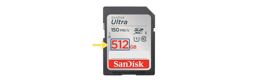 Example of an SD card capacity label showing GB storage size (e.g., 128GB).