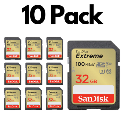 10 Pack SanDisk Extreme SDXC UHS-I, Bulk SD Cards for DSLR Cameras, 4K Video and Photography-32GB