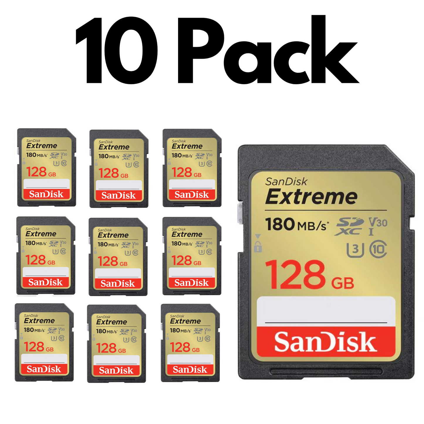 10 Pack SanDisk Extreme SDXC UHS-I, Bulk SD Cards for DSLR Cameras, 4K Video and Photography-128GB