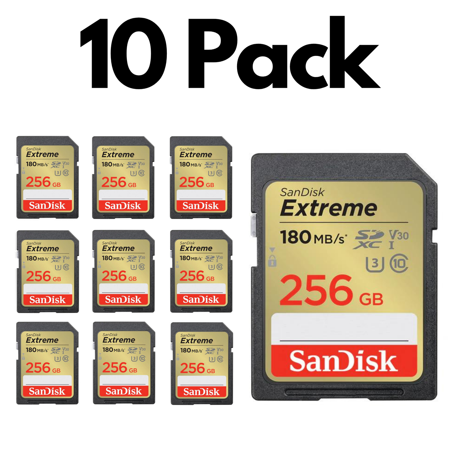 10 Pack SanDisk Extreme SDXC UHS-I, Bulk SD Cards for DSLR Cameras, 4K Video and Photography-256GB