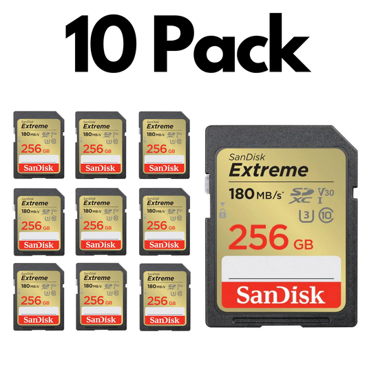10 Pack SanDisk Extreme SDXC UHS-I, Bulk SD Cards for DSLR Cameras, 4K Video and Photography-256GB