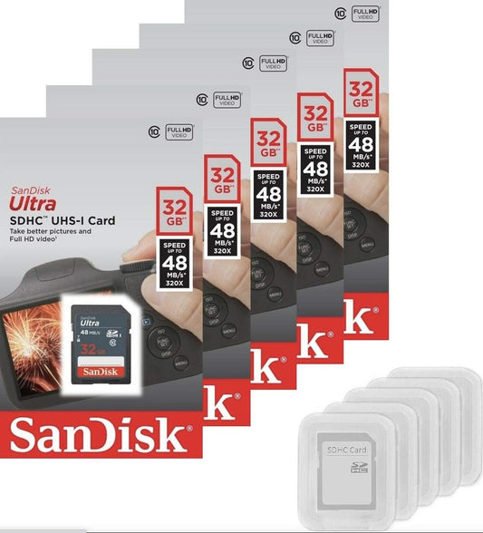 5 Pack SanDisk Ultra 32GB SDHC UHS-I 48MB/s Class 10, SD Cards with Jelly Minicase