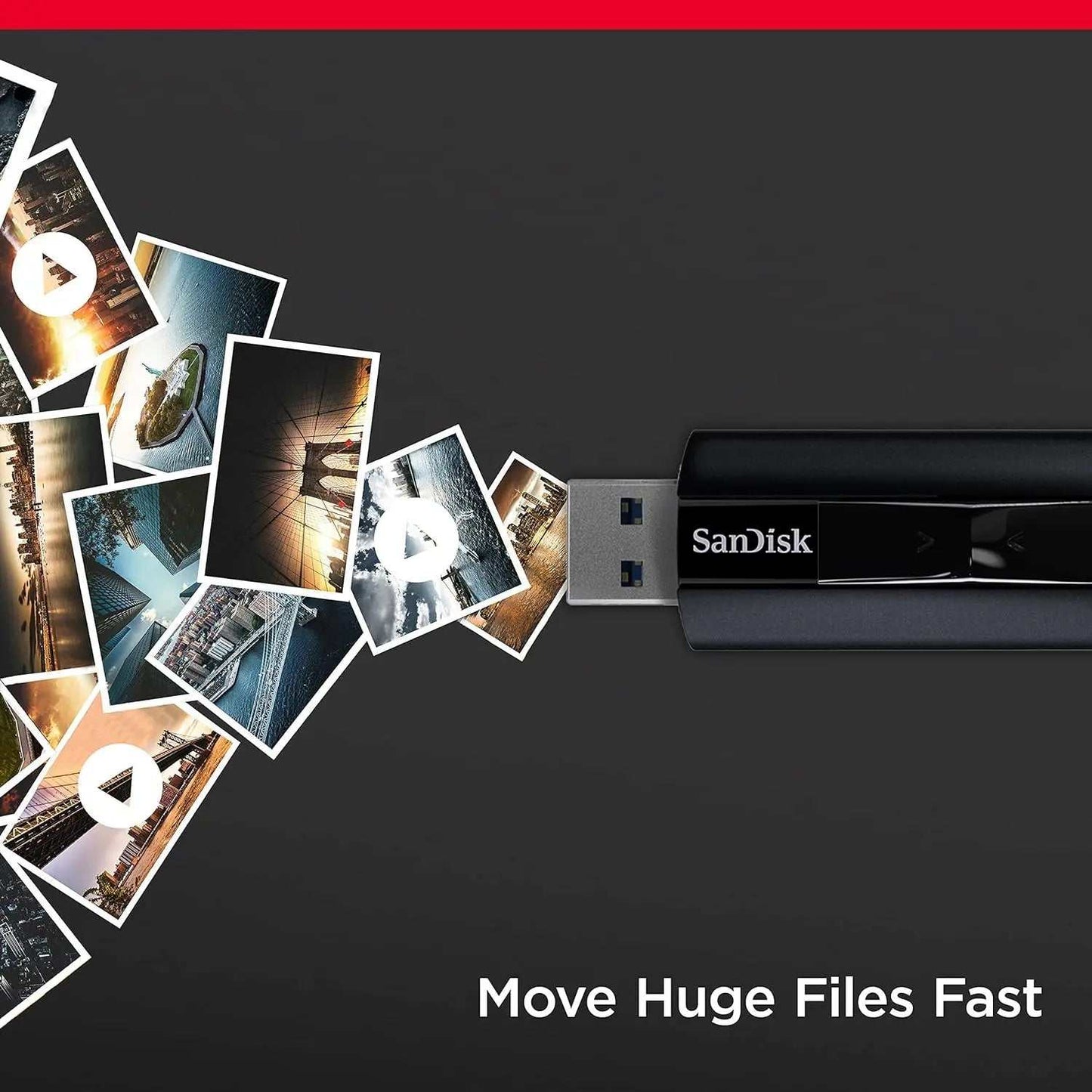 SanDisk Extreme PRO USB 3.2 flash drive with images flowing, highlighting fast file transfer.